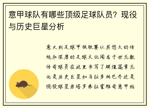 意甲球队有哪些顶级足球队员？现役与历史巨星分析