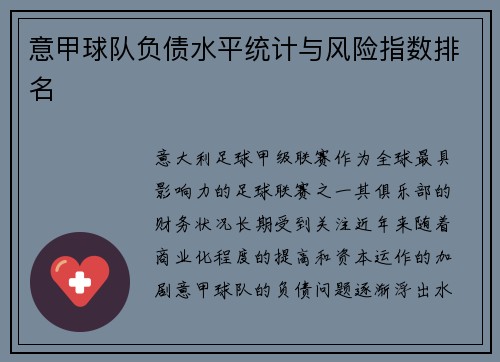 意甲球队负债水平统计与风险指数排名