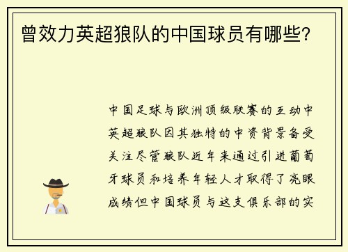 曾效力英超狼队的中国球员有哪些？